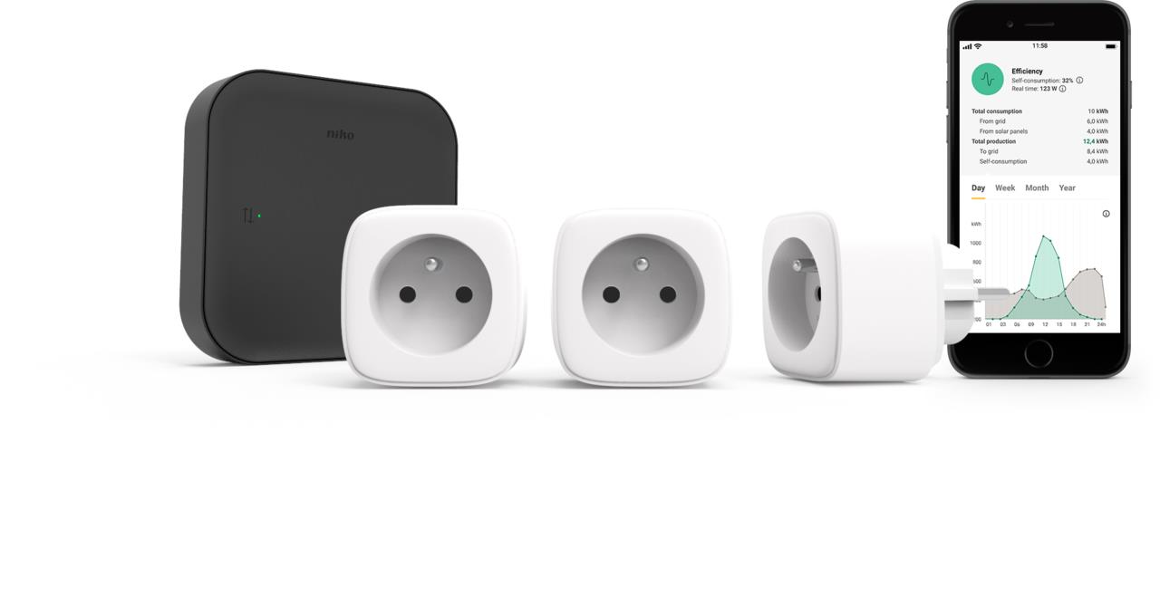 Afbeeldingen van Niko Home Control starterskit energie met drie slimme stekkers, penaarde, Zigbee®